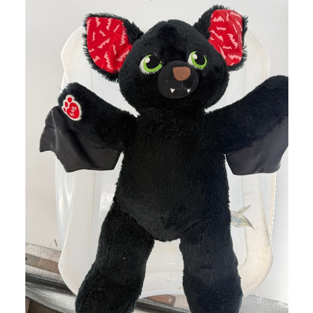 Build-A-Bear Black Bat Plush Green Eyes Red Bat Print Wings Halloween 18"